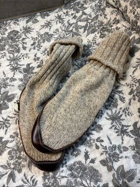 Acorn Beige Knit Boot Slippers with Brown Leather Toe